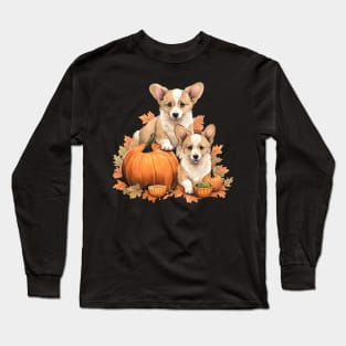 Cute Corgi Pumpkin Autumn Leaves Happy Thanksgiving Long Sleeve T-Shirt